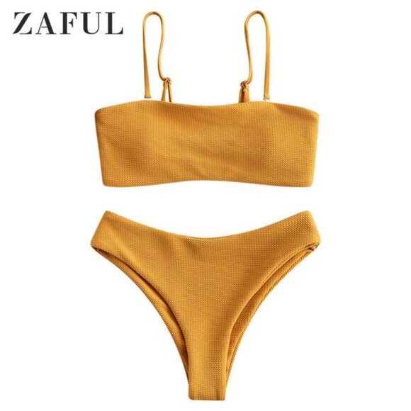 ZAFUL GOLD BANDEAU TOP AND HI-CUT HIGH WAISTED BIKINI BOTTOM SET SIZE MED NWT - Picture 2 of 6